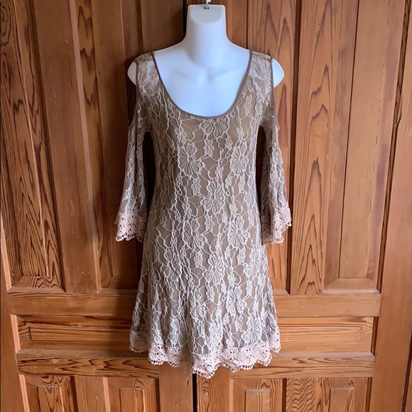 a’reve Lace Boho Tan Cold Shoulder Dress - Picture 1 of 15